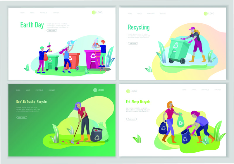 登录页模板与人回收分类垃圾在不同的容器分离-以减少环境污染-有孩子的家庭收集垃圾-地球日矢量卡通插图