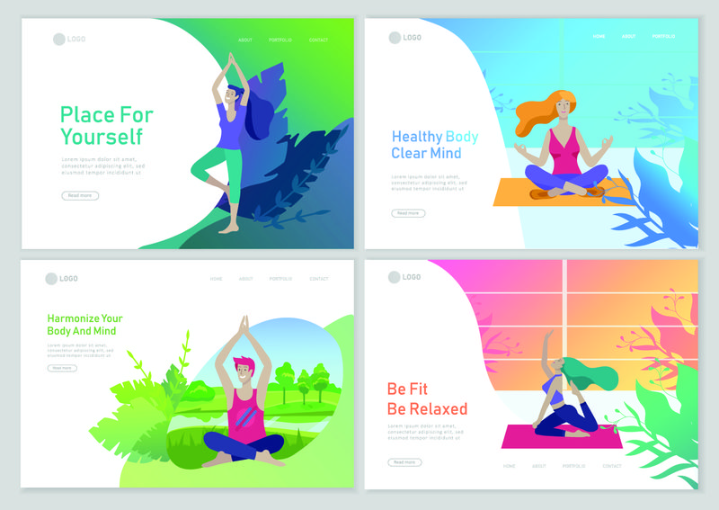 网页设计模板与男女冥想-坐在瑜伽姿势在家里和室外-练习瑜伽课上的自然-心理健康概念-矢量动画