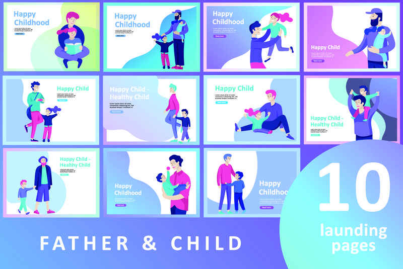 矢量人物角色-爸爸和他孩子一起度过时光-快乐的爸爸妈妈-彩色平面概念图