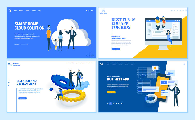 商业应用程序、研发、家庭云解决方案、儿童应用程序的平面设计网页模板集-网站和移动网站开发的现代矢量插图概念