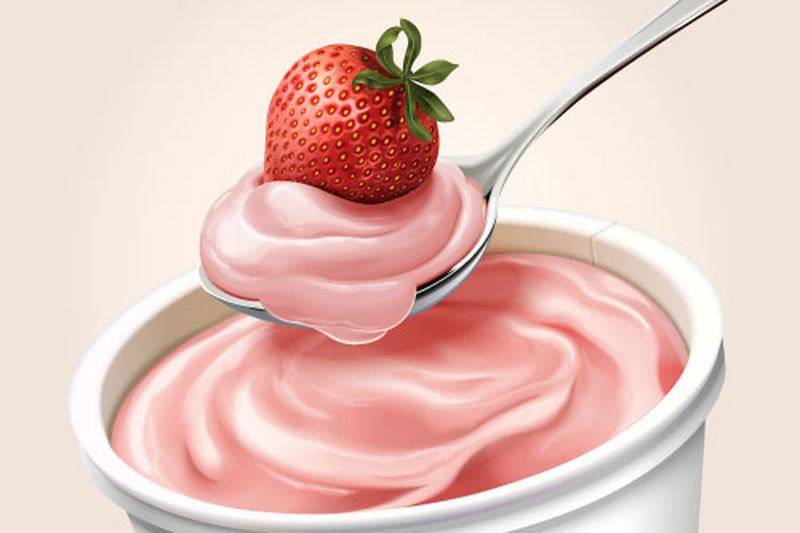 特写看草莓酸奶-一勺奶油酸奶和水果在三维插图