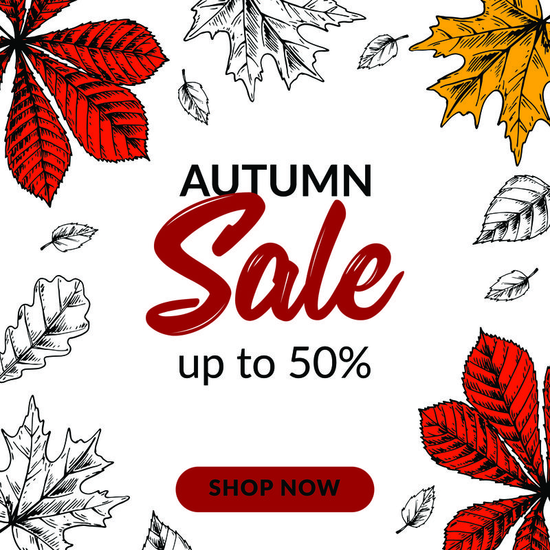 手工绘制的秋天销售横幅与美丽的树叶。方块字Autu