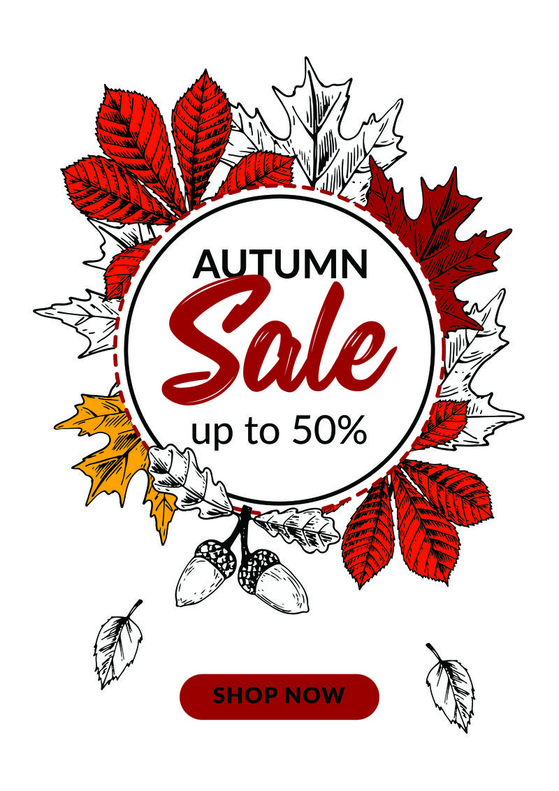 手工绘制的秋天销售横幅与美丽的树叶。垂直au