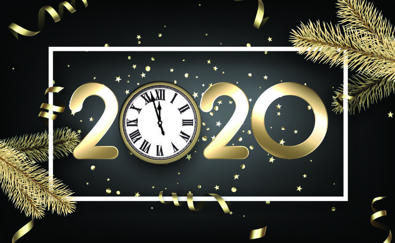 灰色2020年新年快乐背景-白色框架-金色时钟-冷杉枝和蛇纹石-圣诞贺卡-矢量图解