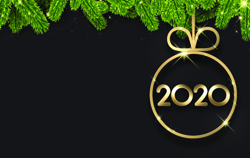 黑色2020年新年背景-冷杉树枝和金色光泽圣诞球-圣诞贺卡或海报模板-矢量图解