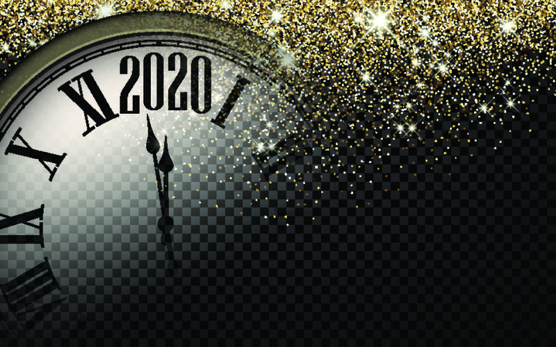黑色和金色闪亮的2020新年背景与时钟-漂亮的圣诞贺卡-矢量图解