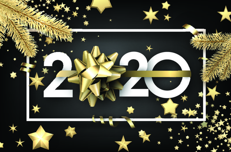 灰色2020新年背景-金色星星和蝴蝶结-矢量图解