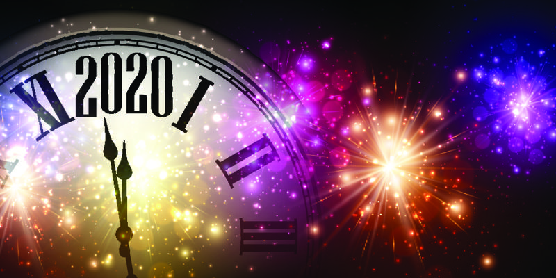 闪亮的2020新年背景-时钟和五颜六色的焰火-矢量图解