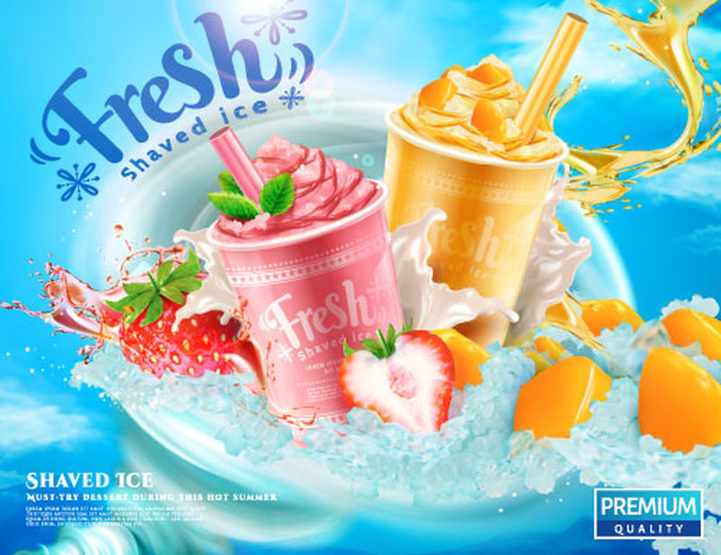 夏日冰剃海报-3D插图中有草莓和芒果口味-新鲜水果和配料