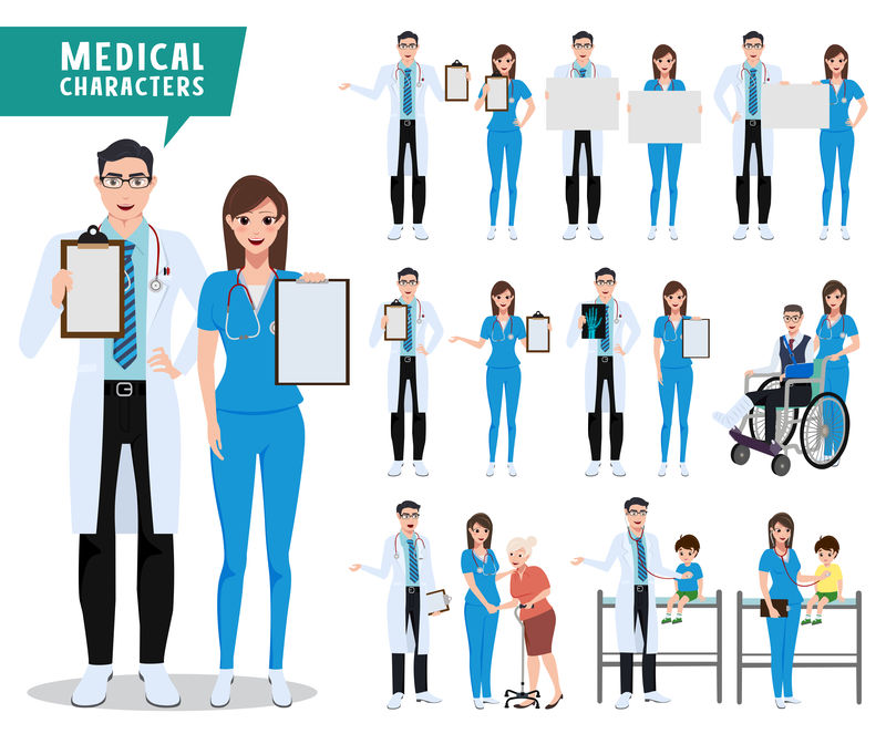 医生和护士矢量字符集-以白色隔离的各种姿势呈现的医疗保健人物-矢量图解