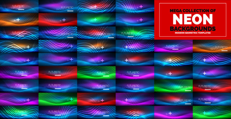 霓虹灯光波抽象背景集-超大集能源魔术概念背景-矢量图示