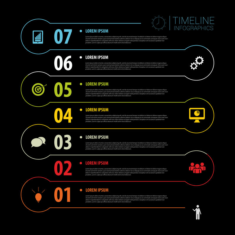 带有图标的深色时间线信息图形-矢量