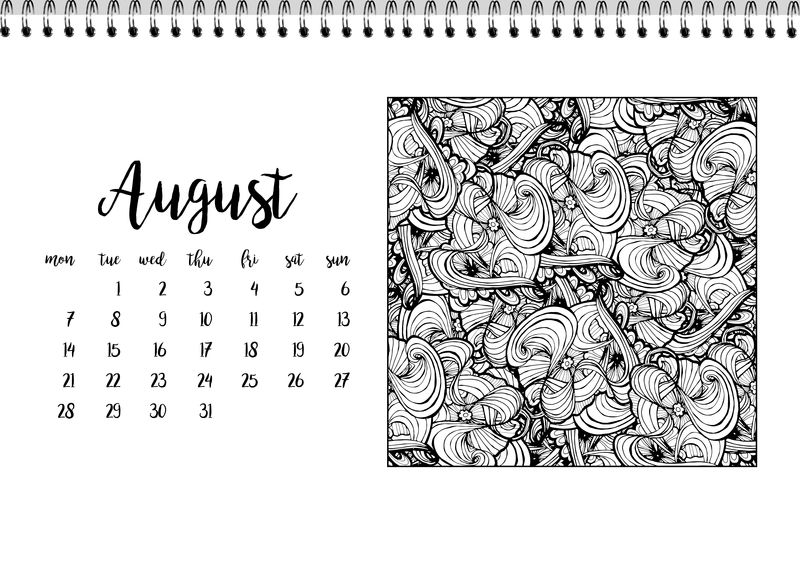 8月份的桌面日历模板。星期一开始