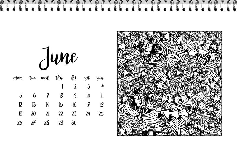 六月的桌面日历模板。星期一开始