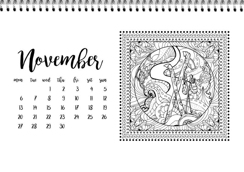11月份的桌面日历模板。星期一开始