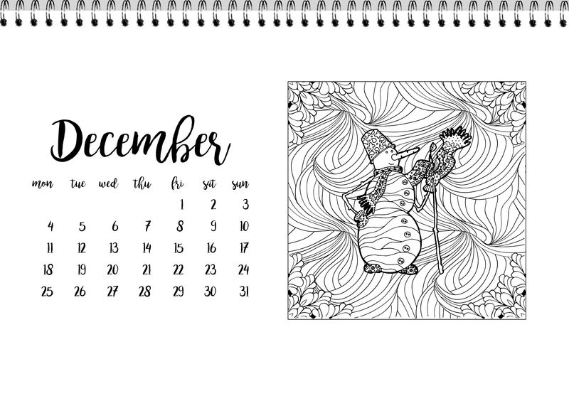 12月的桌面日历模板。星期一开始