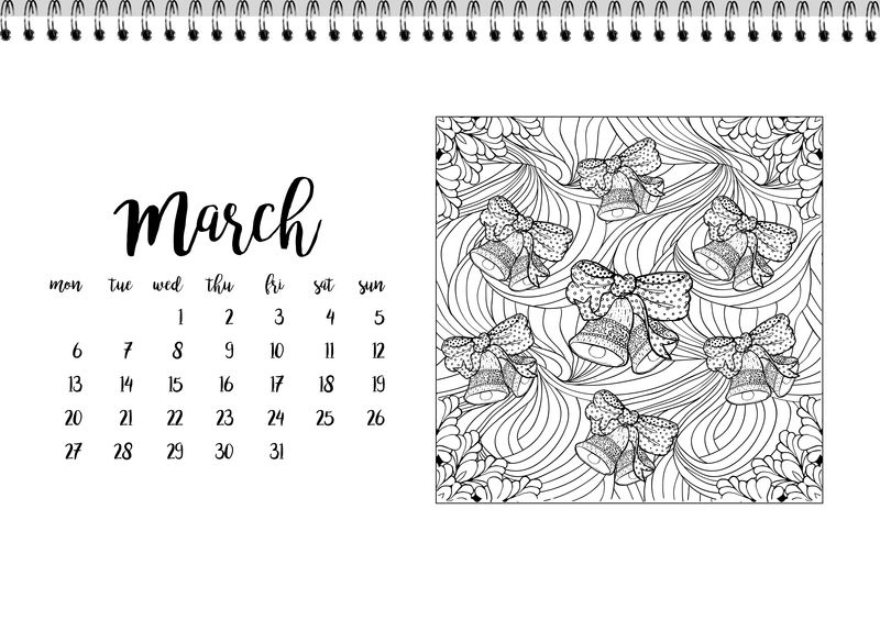 3月份的桌面日历模板。星期一开始