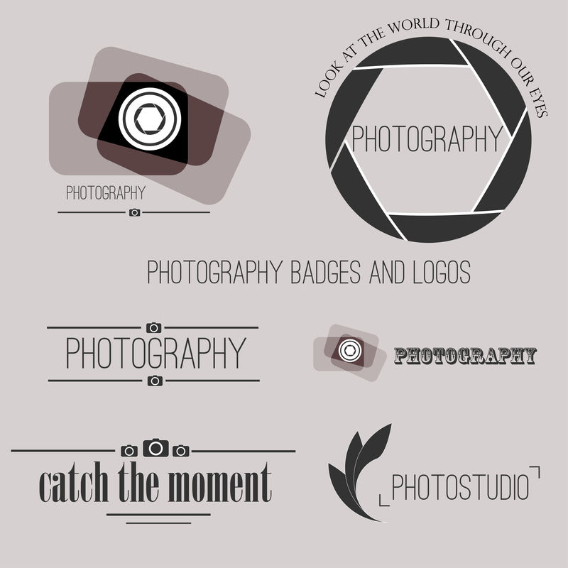 矢量摄影标志模板收集。光照标记类型。摄影年份徽章和图标。照片标签。