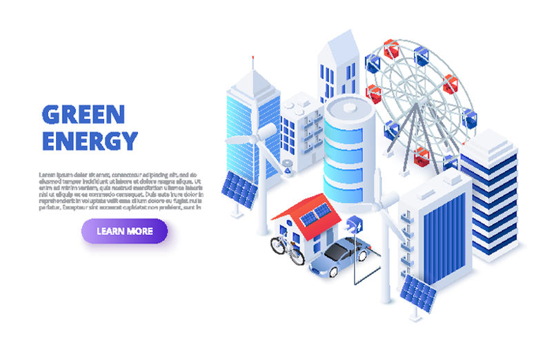 太阳能电池板、风力发电机和电动汽车的绿色技术设计理念-等距矢量图-web的登录页模板
