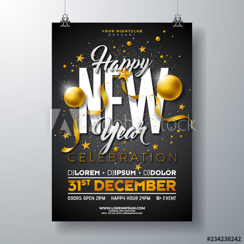 新年快乐派对庆祝海报模板插图-金色玻璃球和黑色背景上的字体设计-矢量假日高级邀请传单或促销横幅