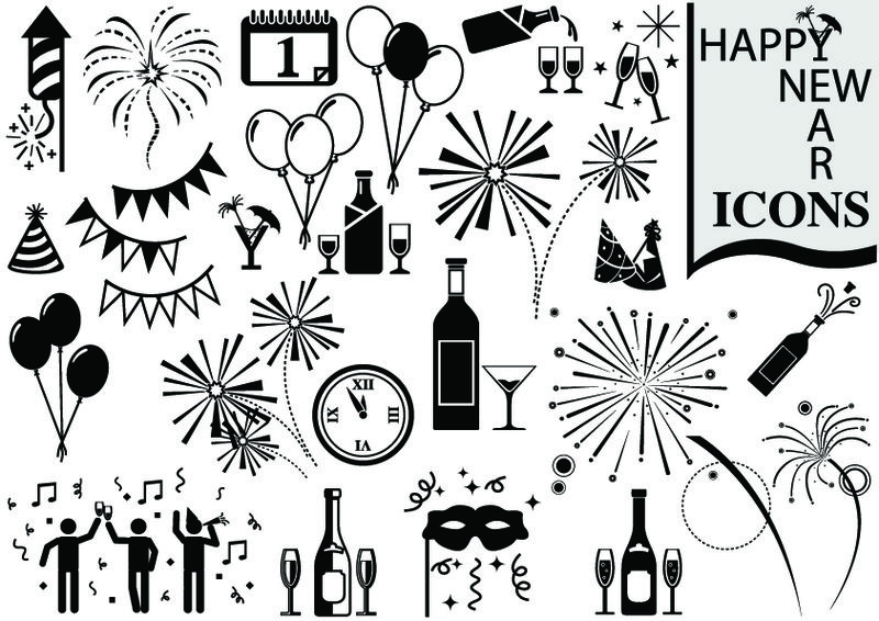 派对图标设置-一套25个派对图标-如baloon、sparkers、连衣裙、打开的香槟、蛋糕、带心脏的香槟瓶、鸡尾酒、气球、焰火