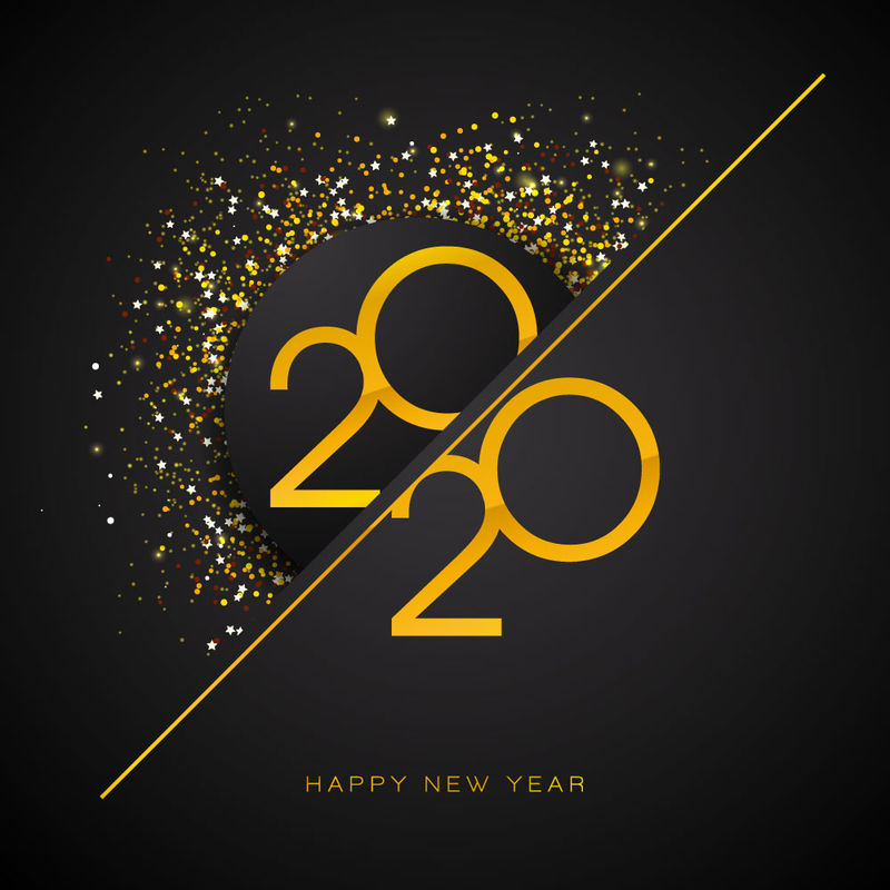 新年快乐2020文本设计-金色缎带蝴蝶结和金光闪闪的抽象背景-鼠年-复制空间
