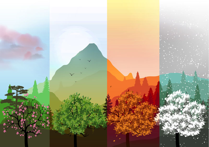 有抽象树木和山脉的四季横幅.矢量图
