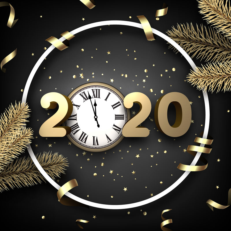 灰色2020年新年快乐背景-白色圆形框架-金色时钟-冷杉枝和蛇纹石-圣诞贺卡-矢量图解