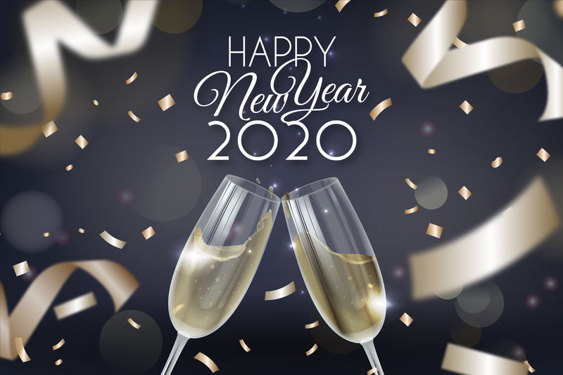 Vector新年快乐-香槟酒杯在闪闪发光的寒假背景下-现实风格的时钟-带有金色圣诞树、五彩纸屑的贺卡或派对请柬