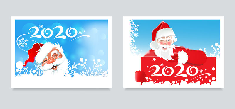 你设计的圣诞卡-两张可爱的图片-蓝色背景上是快乐的圣诞老人-字体-2020-设计模板：年画、横幅、海报、请柬-矢量图形