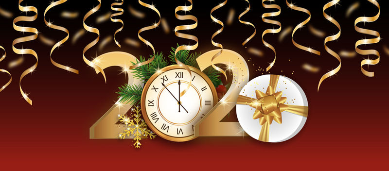 2020年数字新年海报-金色时钟-礼品盒和彩带装饰树枝圣诞树和雪花-动态设计元素为传单-销售-聚会等矢量插图