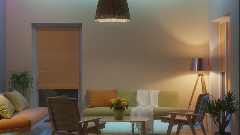 简约的斯堪的纳维亚客厅-带厨房和餐桌、沙发、沙发和躺椅、全景窗、现代黄蓝室内设计、3d插图