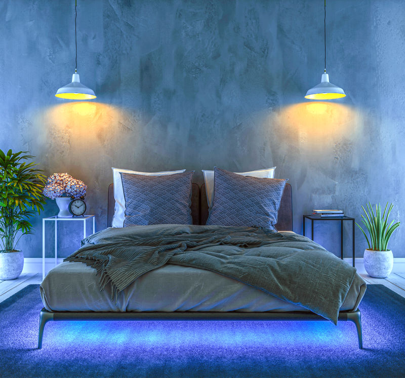 卧室内部的实体模型墙-斯堪的纳维亚风格的卧室-三维图解