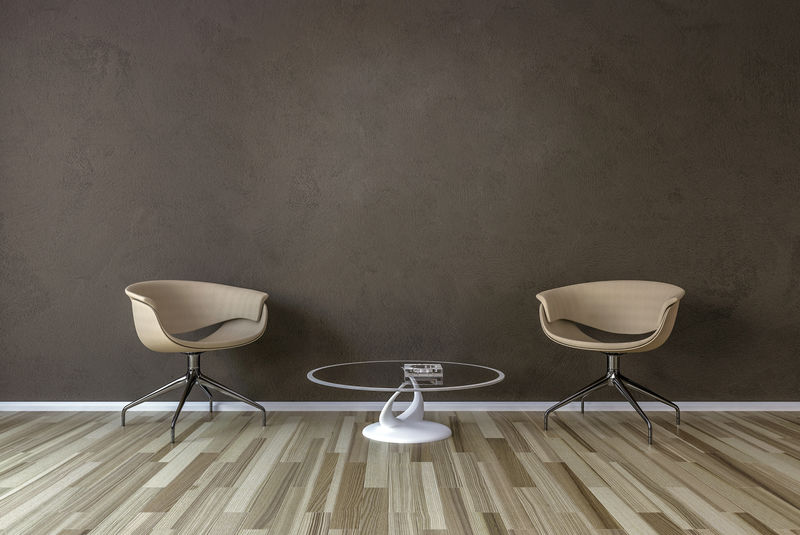 斯堪的纳维亚极简背景-人字形自然拼花地板上的白色扶手椅-室内设计-3d插图