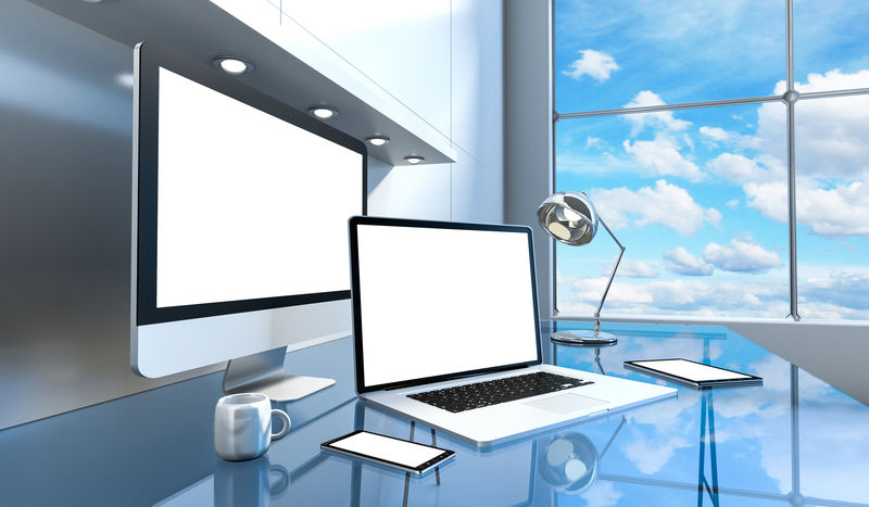现代蓝色玻璃办公室内电脑及数码设备3D渲染