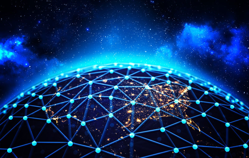 全球网络连接和商业通信概念-深蓝色空间背景下地球周围的连接线-三维图解