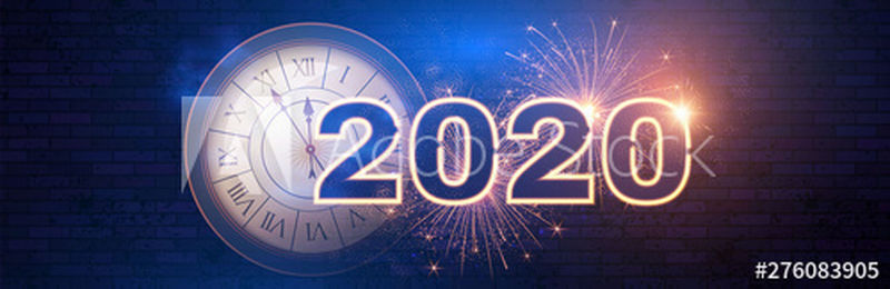 2020年新年快乐！带时钟的寒假设计模板-霓虹灯标志-神奇的灯光效果