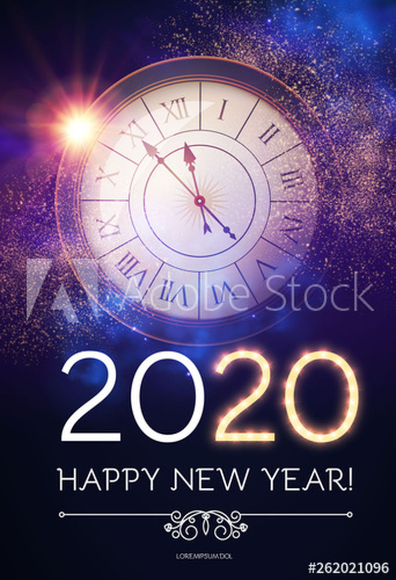 祝你2020年快乐！时钟-文件-灯光和Bokeh效果