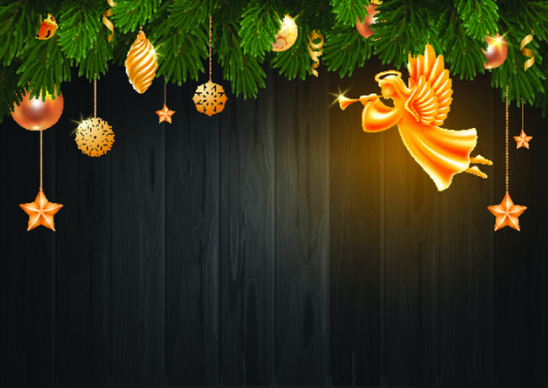圣诞快乐和新年快乐贺卡模板-金色天使-翅膀、光环和喇叭点缀在圣诞装饰品和深色木质背景上的冷杉树枝之间-矢量图解