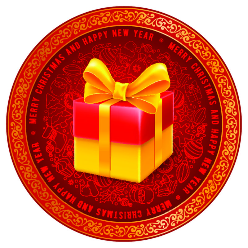 圣诞节的节日圆形设计-礼品盒-华丽的丝绸蝴蝶结和许多节日用品-红色背景下的手绘线条艺术风格-矢量图解