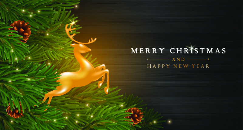 圣诞快乐和新年快乐贺卡模板-一只跳跃的鹿在冷杉树枝间的金色身影-深色木板背景上有松果和亮片-矢量图解