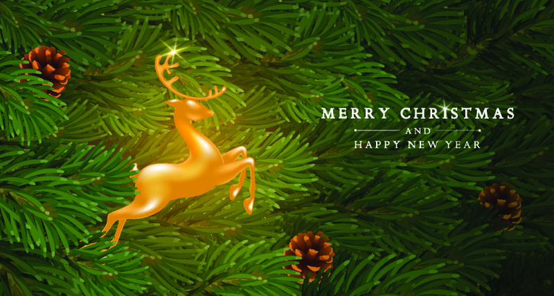 圣诞快乐和新年快乐贺卡模板-一只跳跃的鹿在有球果的冷杉树枝间的金色身影-圣诞和除夕夜温馨的场景-矢量图解