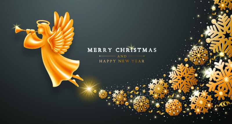 圣诞快乐和新年快乐贺卡模板-金色天使带着翅膀-光环和喇叭在优雅的黑暗背景下飞舞着雪花、亮片和亮片的漩涡-矢量