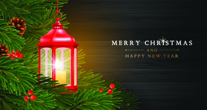 圣诞快乐和新年快乐贺卡模板-圣诞灯-在杉木树枝间燃点蜡烛-深色木质背景上有松果和冬青浆果-矢量图解