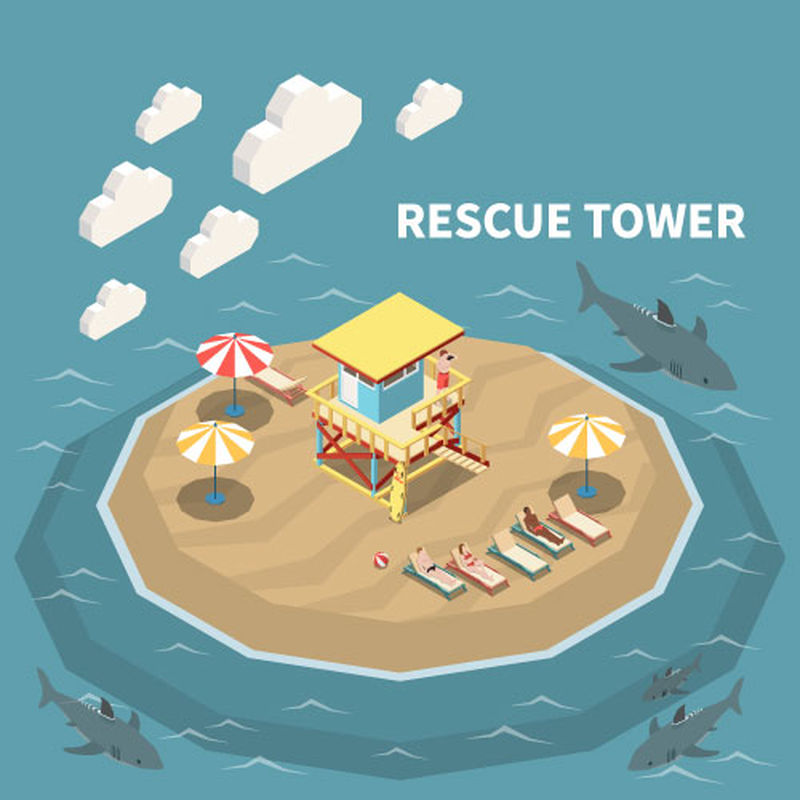 救生员从救援塔上观看海滩上的人和海里的鲨鱼三维等距图