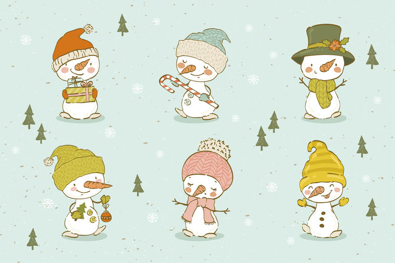 收集可爱的手绘雪人-新年快乐-圣诞设计元素-适合制作卡片、横幅、请柬、海报