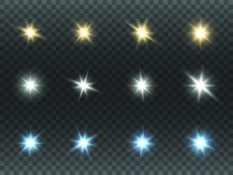 一组辉光效应恒星在透明背景上闪烁