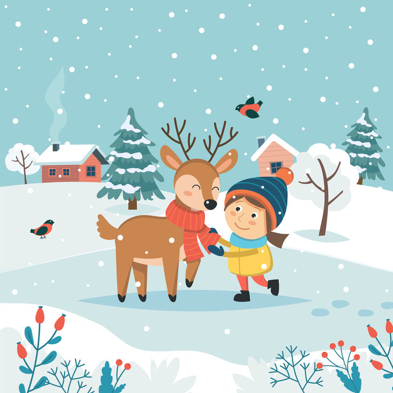 有驯鹿和可爱冬季风景的女孩。圣诞贺卡。平面可爱矢量插图