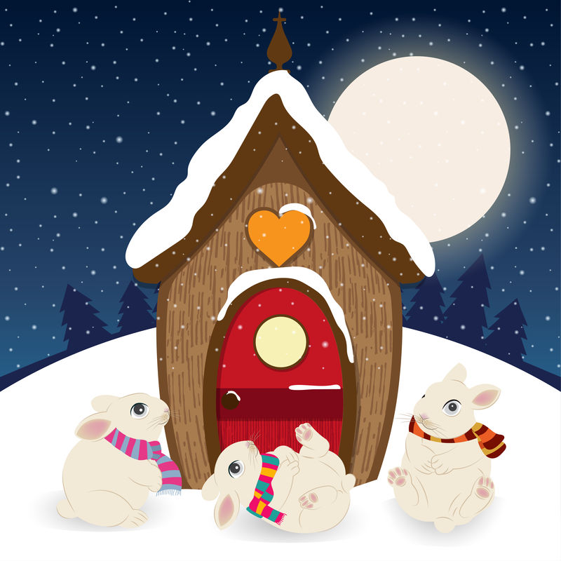 可爱的圣诞场景与侏儒之家和快乐的兔子