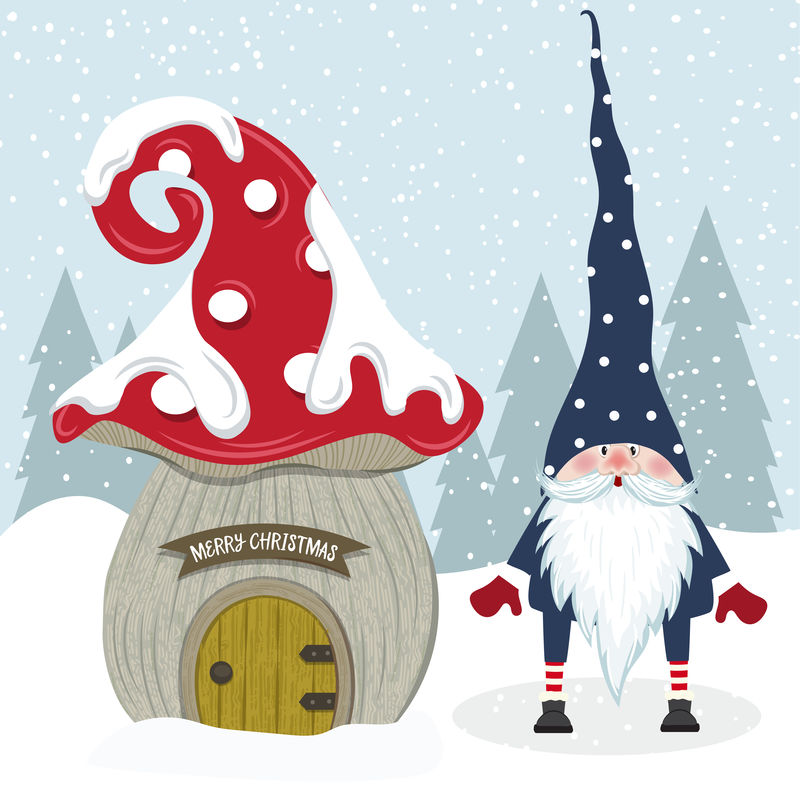 可爱的圣诞侏儒和她的蘑菇屋。平面设计。